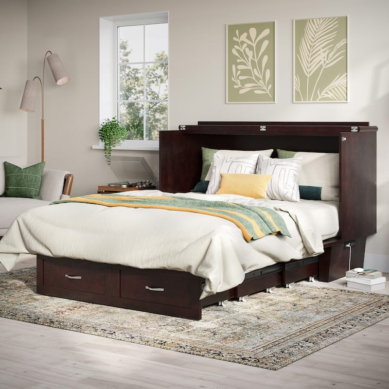 Chelsea Queen Murphy Bed Chest with 6" Mattress, Storage Drawer & Built-In Charger in Espresso