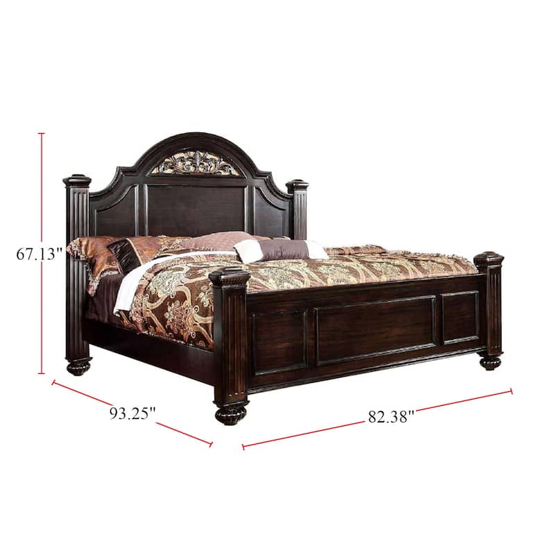 Wooden Bed With Floral Design in Headboard, Dark Walnut