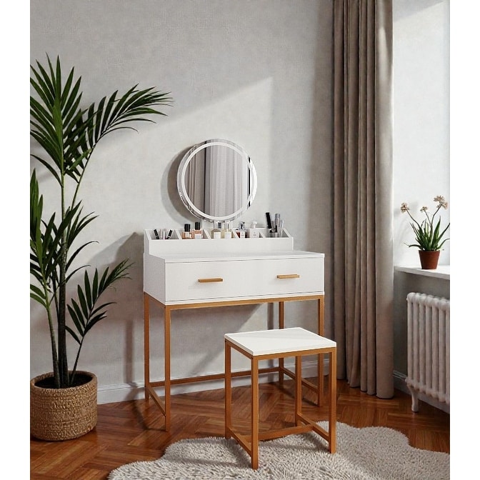 Vanity Set with Mirror and Stool, Makeup Vanity Table with Storage Drawers and Organizer for Small Spaces
