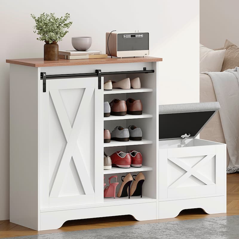 Farmhouse Entryway Shoe Bench with Storage and Cushioned Seating - White Sliding Door Cabinet