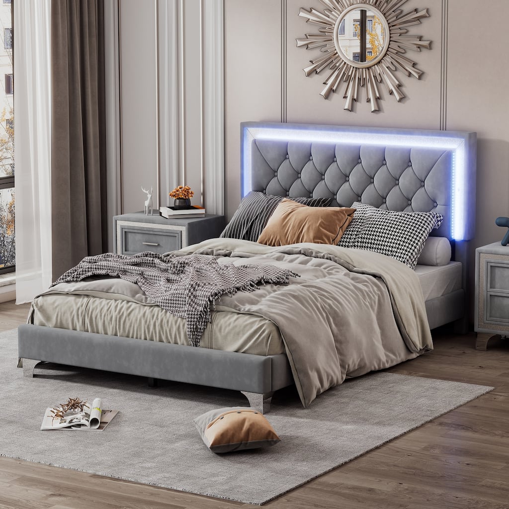 Full Size Upholstered Bed Frame with LED Lights,Modern Velvet Platform Bed with Tufted Headboard,Gray