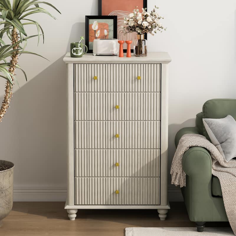 Fluted 5 Drawer Dresser, 45 Inch Tall Modern Chest of Drawers, Bedroom Dresser with Metal Handle, Wooden Drawer Organizer