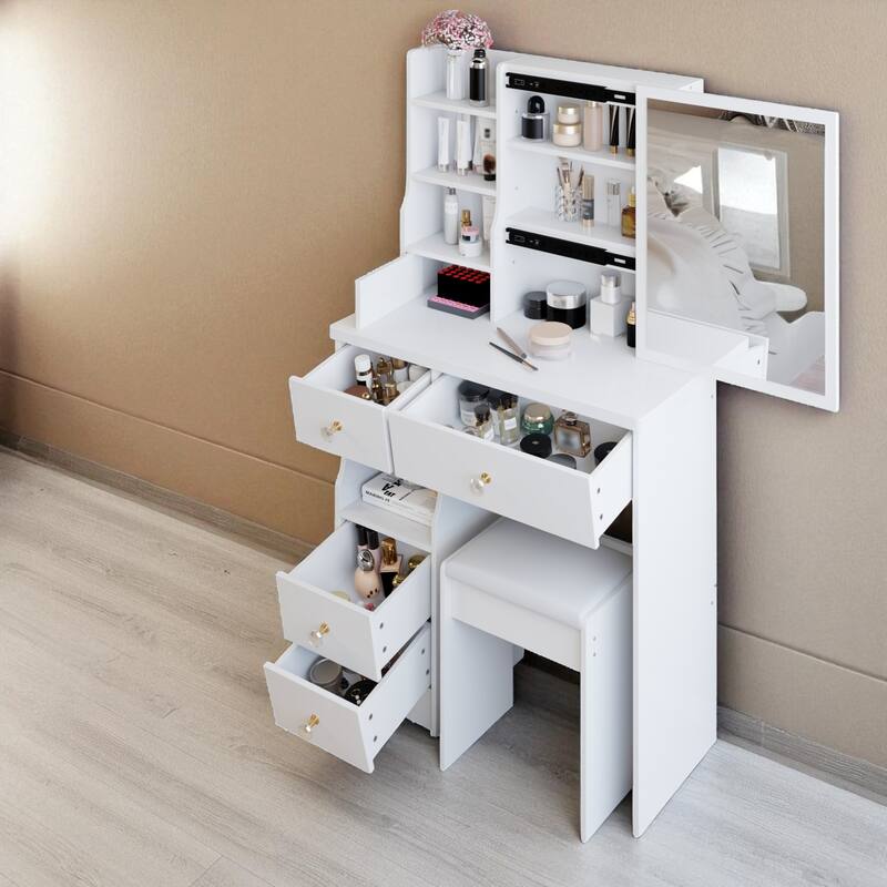 Small Vanity Desk with Sliding Mirror and Stool, Compact Makeup Table with Drawer and Storage for Small Spaces