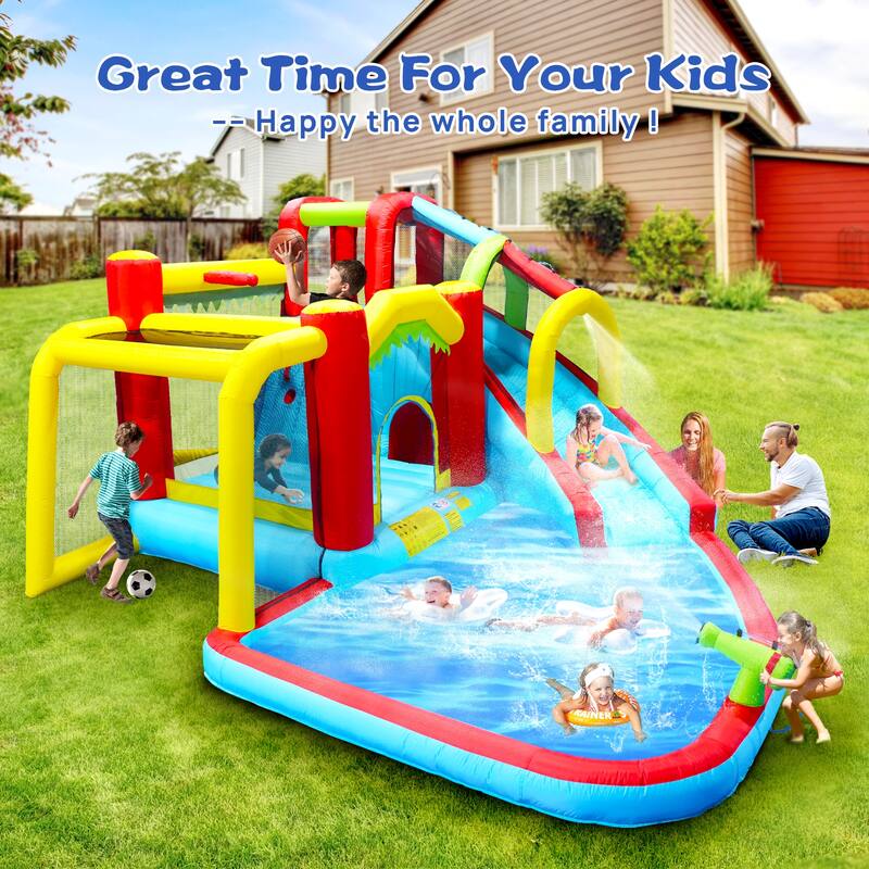 7 in1 Inflatable slide water park bouncing house outdoor Soccer garden bouncer with Splash pool & Water gun & Climbing wall