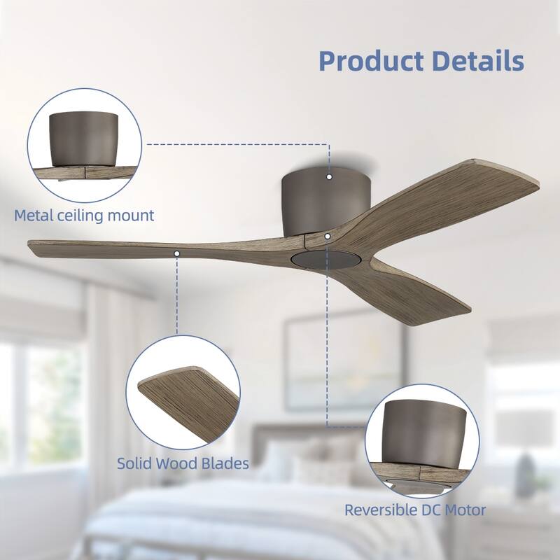 48Inch 3Blade Dc Motor Indoor Flush Mount Ceiling Fan With Remote