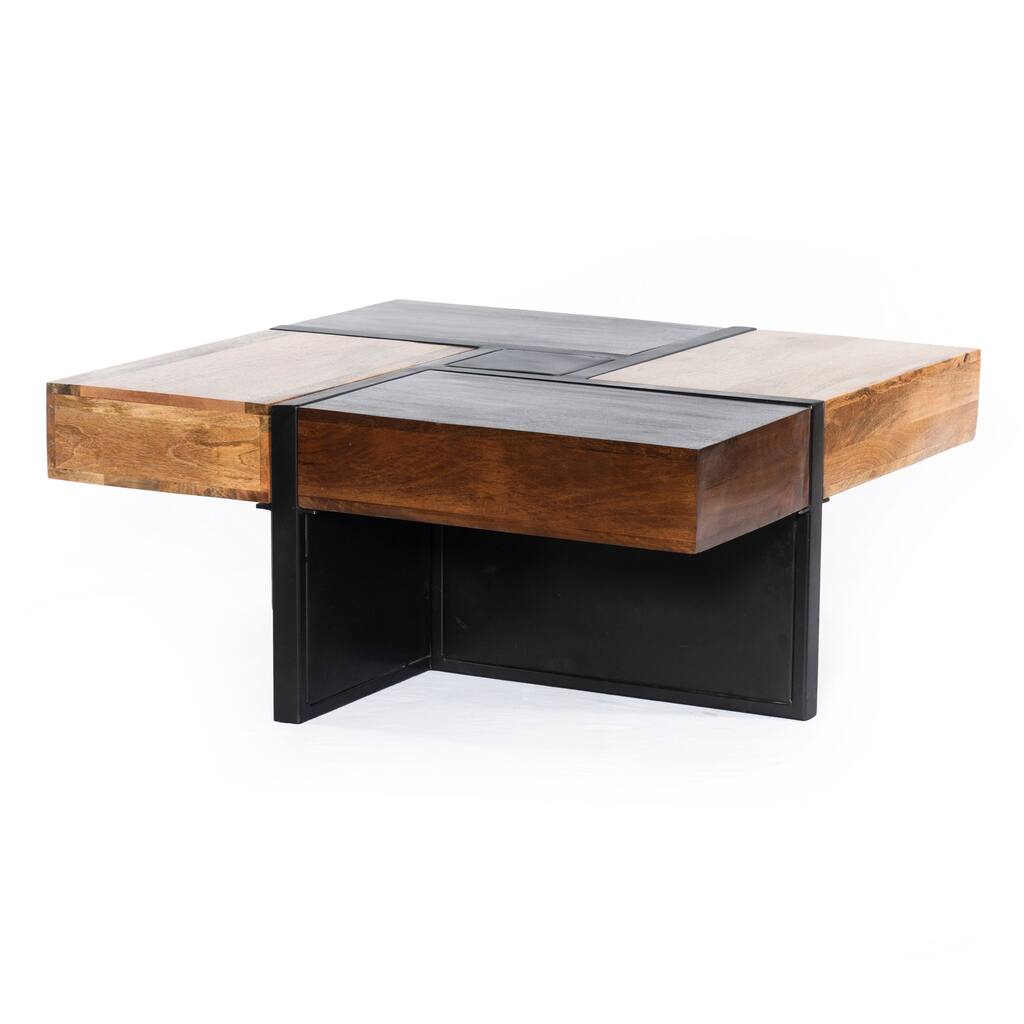 36 Inch Handcrafted Square Mango Wood Coffee Table with Iron Frame