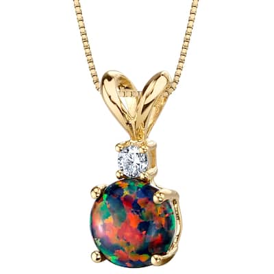 14k Yellow Gold Gold Created Black Opal Diamond Solitaire Pendant