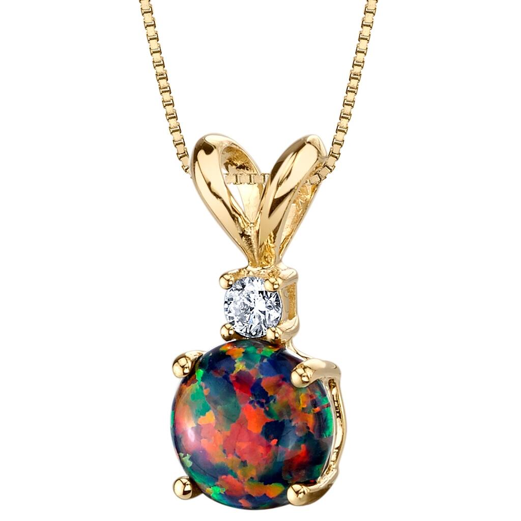 14k Yellow Gold Gold Created Black Opal Diamond Solitaire Pendant