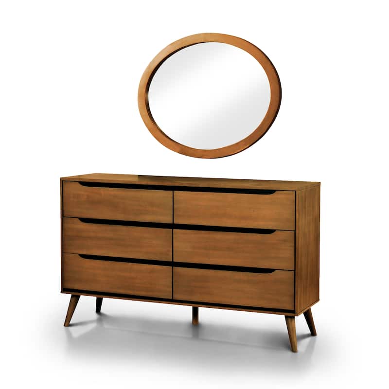Fopp Mid-Century Modern Solid Wood 6-Drawer 2-Piece Dresser and Oval Mirror Set by Furniture of America
