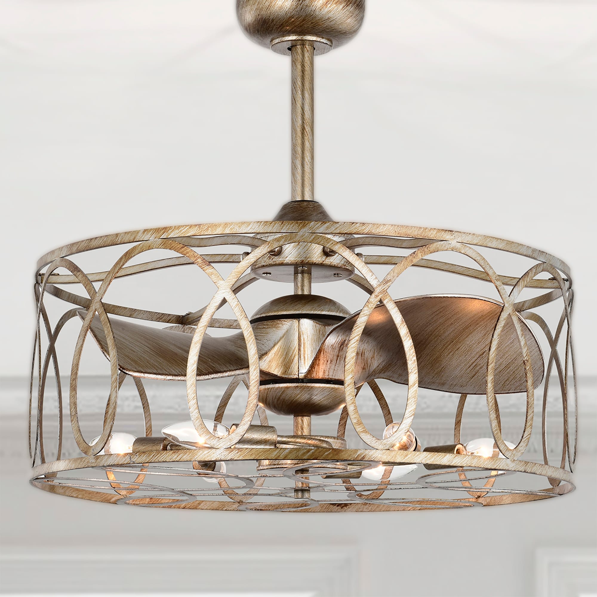 Warehouse of Tiffany Aletha Antique Silver 23-inch 6 Lights 3 Blades Lighted Ceiling Fan Fandelier Cage Type with Remote