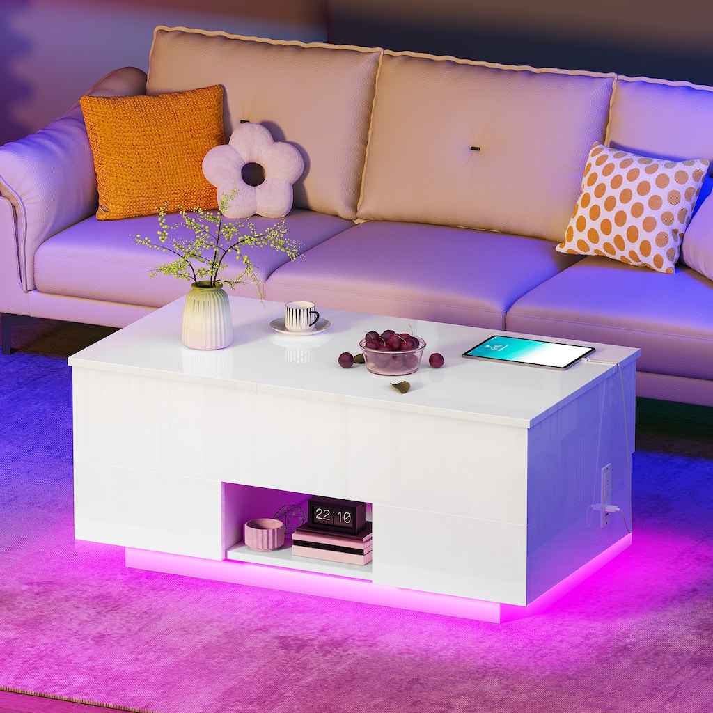 Moasis Modern Lift-top Coffee Table Glossy Cocktail Table with Charging Station and Drawers
