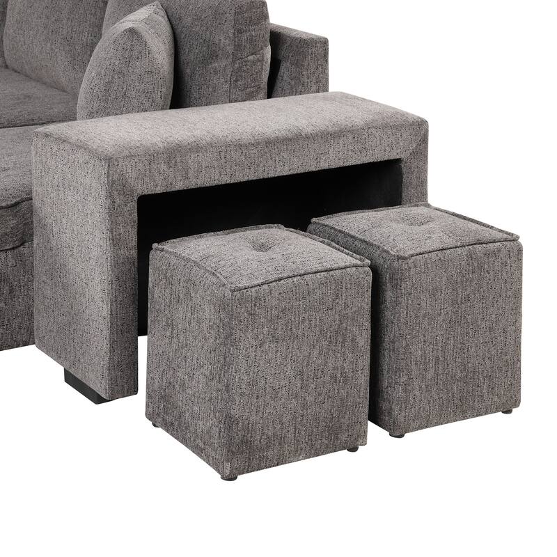 Modern L-Shape 3 Seat Reversible Sectional Couch, Pull Out Sleeper Sofa with Storage Chaise and 2 Stools