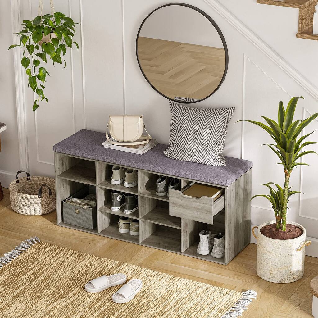 Shoe Bench, Entryway Storage Bench with Drawer and 11 Cubbies, Cubby ...