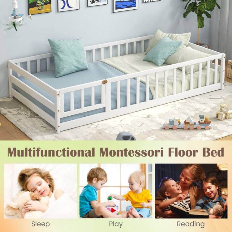 Twin Size Kids Wood Montessori Floor Bed with Door and Fence