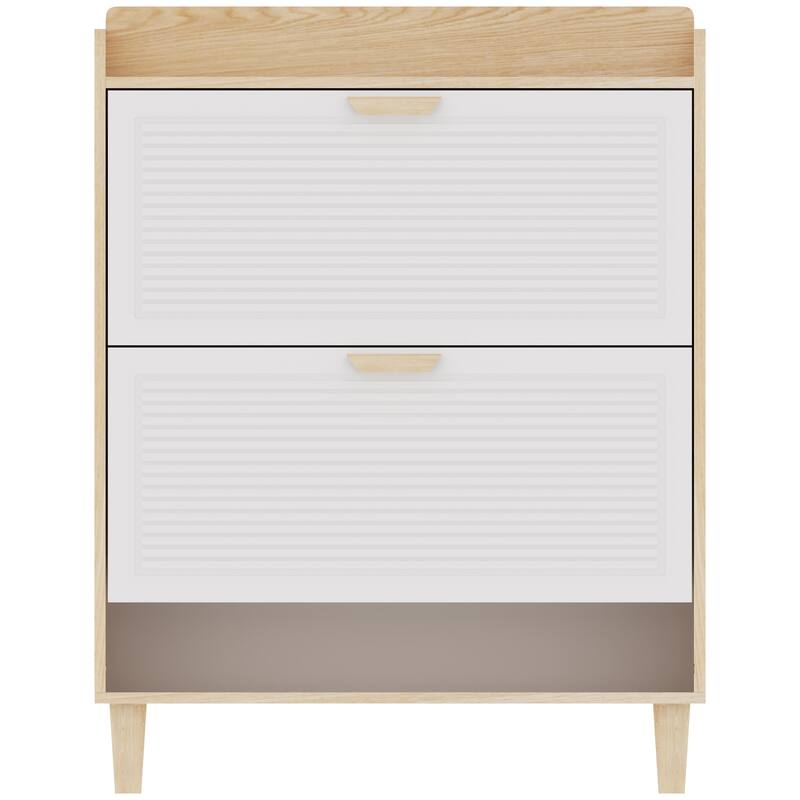 Anmytek White and Wood Entryway Storage Cabinet Flip Down Shoe Organizer for Mudroom and Foyer