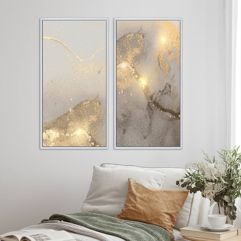 Designart "Grey & Gold Marble Liquid Art II" Abstract Framed Art Set of 2 Pieces