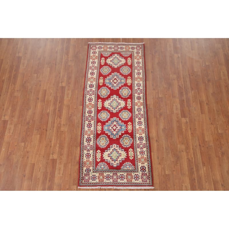 Hand Knotted Oriental 100% Wool Carpet Traditional Geometric Red Kazak Runner Rug - 6' 8'' X 2' 9''