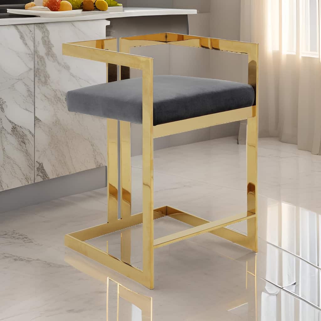 Suki 26 Inch Barstool Chair, Gray Velvet Seat, Stainless Steel, Gold Finish