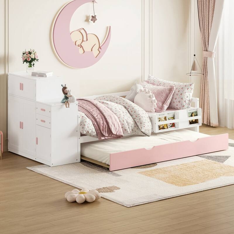 Wood Platform Bed with Sample Bookshelf and Movable Wardrobe - Pink/White - Twin