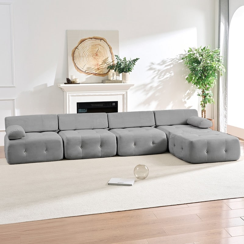 Mixoy 134inch Modular Sectional Sofa with Ottoman,Velvet L-Shaped Couch Indoor for Living Room - 133.9"w x 66.9"D x 24.8"H
