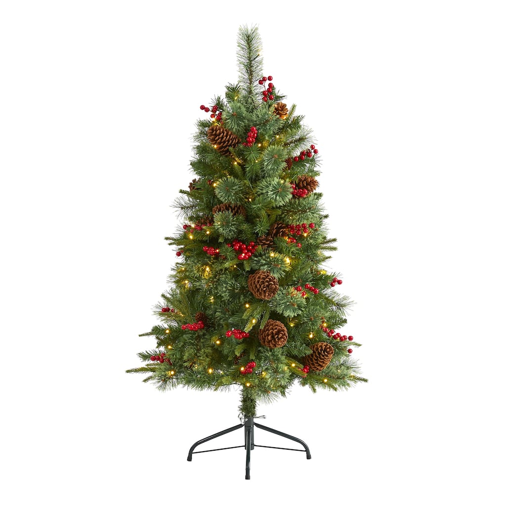 4' Norway Mixed Pine Artificial Christmas Tree with 150 Clear LED Lights, Pine Cones and Berries