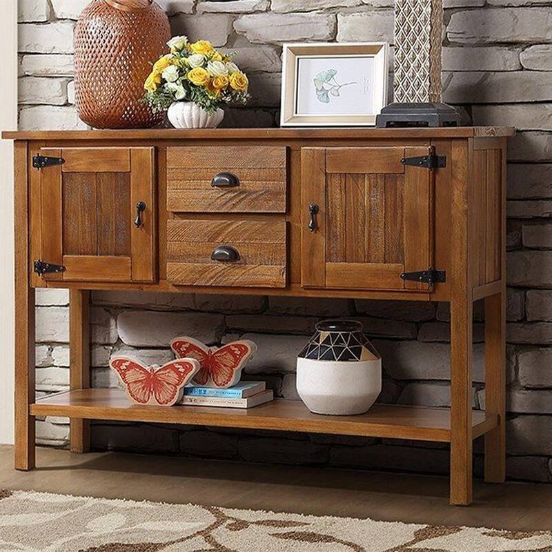 48" Solid Wood Hall Table Console with 2 Drawers and Cabinets and Bottom Shelf