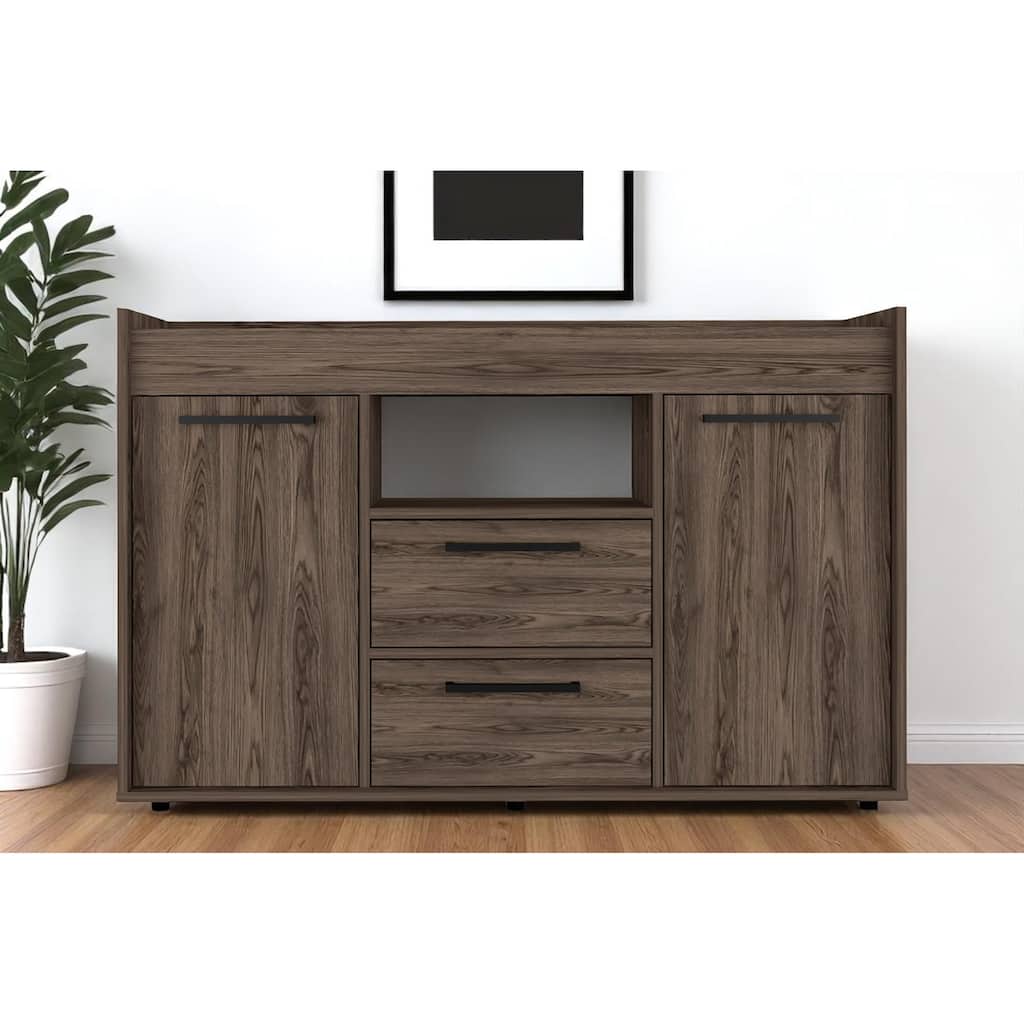 HomeRoots 47" Walnut Wood Two Drawer Sideboard with Two Doors - 47.24 in. x 30.31 in. x 14.96 in.