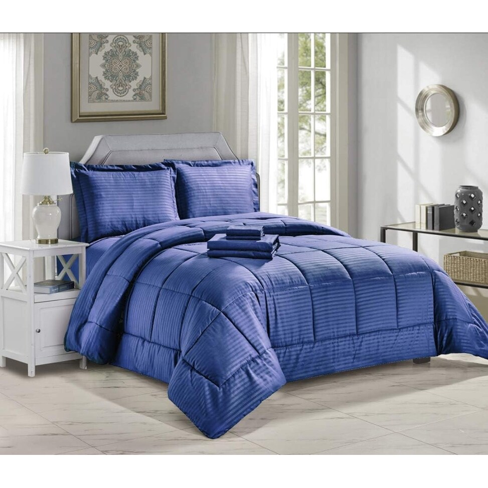 Decor More Hotel Collection Queen Size 8 Piece Bed in a Bag Down Alternative Comforter Set Navy