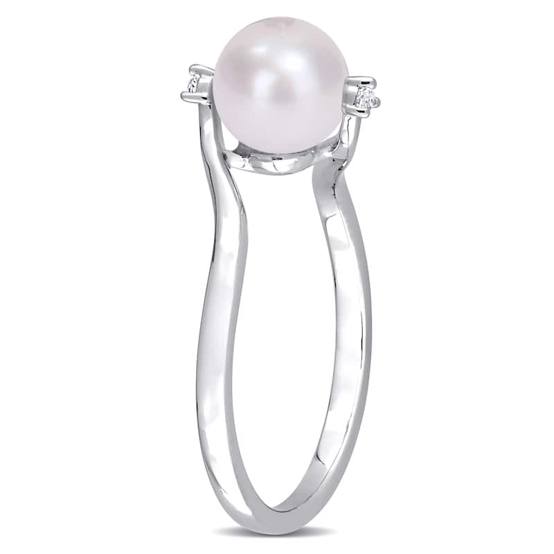 Miadora Sterling Silver Cultured FW Pearl & Created White Sapphire 3-Stone Bypass Ring (7-7.5mm)