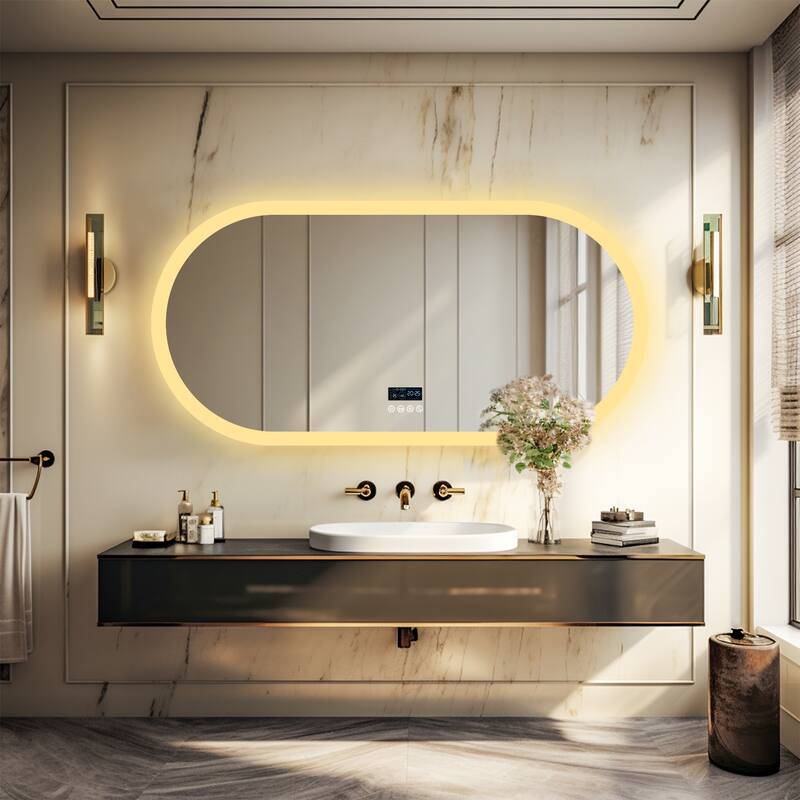 Smart LED Illuminated Fog-free Large Bathroom Mirror with Bluetooth Speakers, Digital Display
