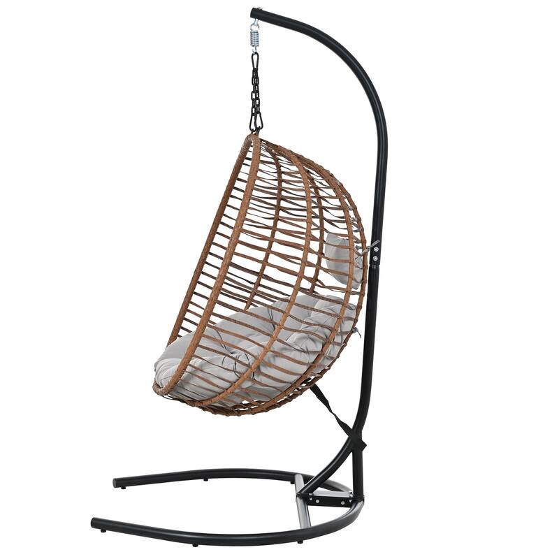 Single Person Folding Egg Chair with Stand, Hanging Egg Chair, Wicker Hammock Swing Chair with Adjustable Anti-Slip Feet