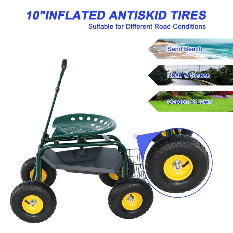 Adjustable Garden Cart with Swivel Seat, Large 10-Inch Wheels, Storage Tray and Basket, Easy Maneuvering - Iron