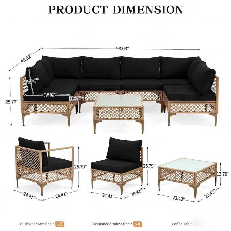 7-Piece Wicker Patio Conversation Set with Cushions,6 Sofas, 1 Table