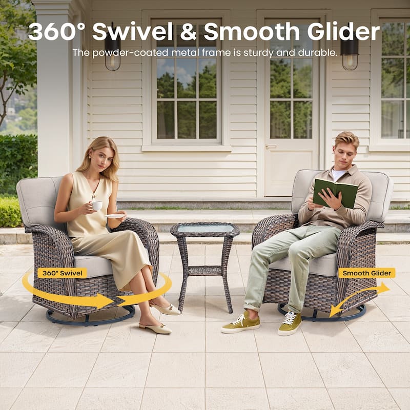 Gymojoy Wide T-Shaped High Back Swivel Glider Chairs Set with Side Table and 5-inch Cusion for Patio & Balcony