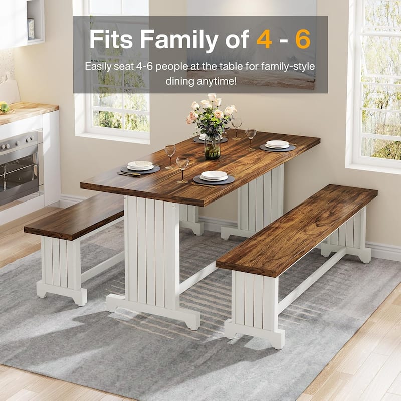 47" Farmhouse 3-Piece Dining Table Set for 2-4 - Space-Saving Kitchen Table with 2 Benches - Rustic Wood & Metal Furniture