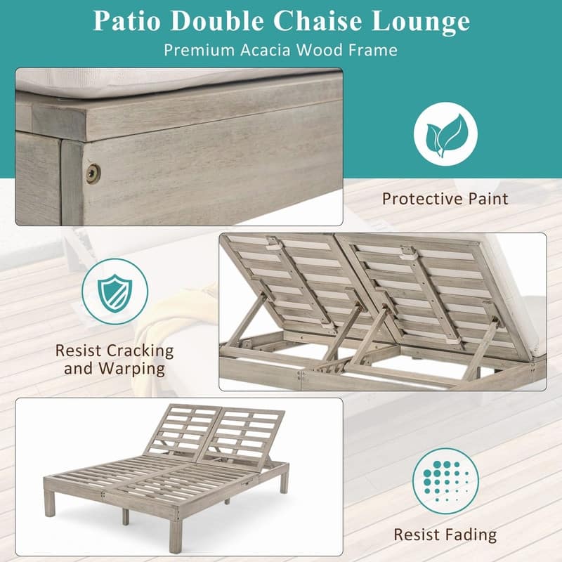 Acacia Wood Double Outdoor Chaise Lounge with 5-Position Adjustable Backrest