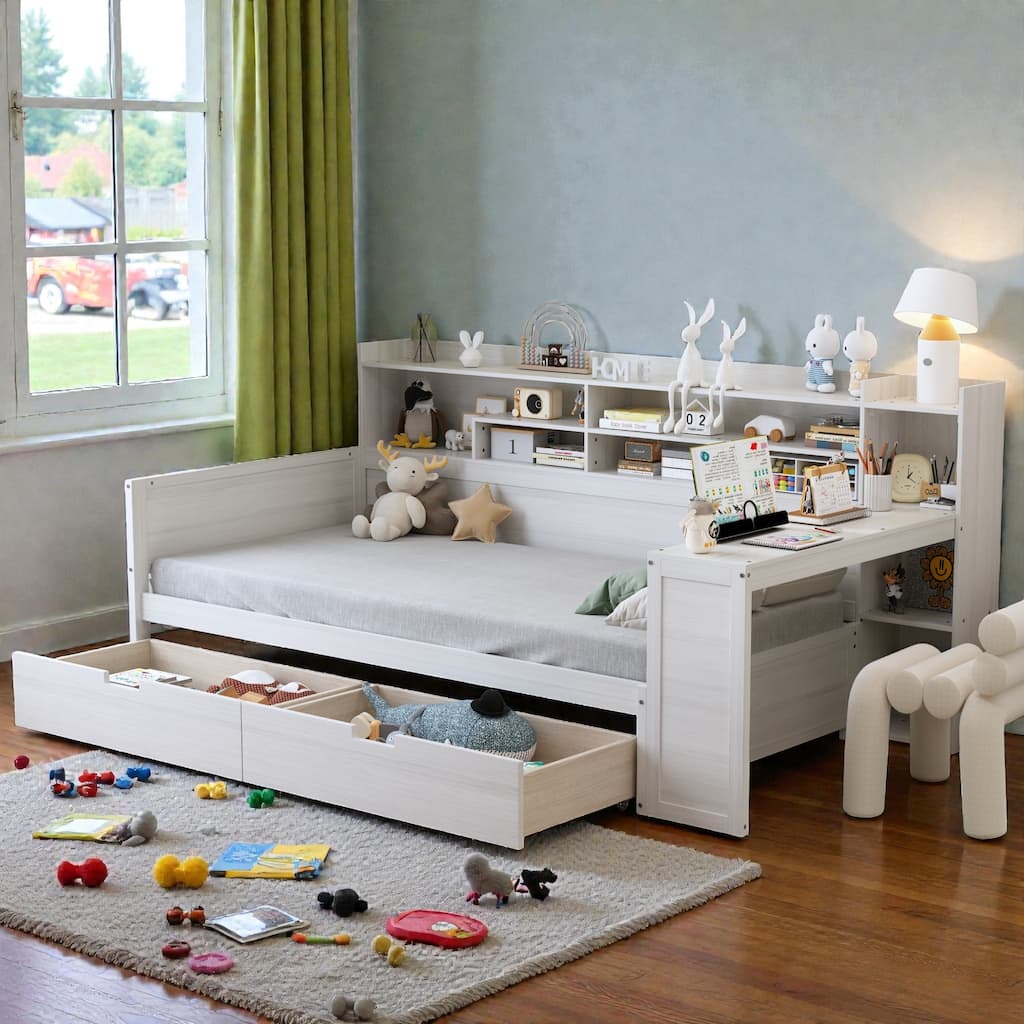Multifunctional Wooden Daybed with Desk, Side Shelves and Storage Drawers