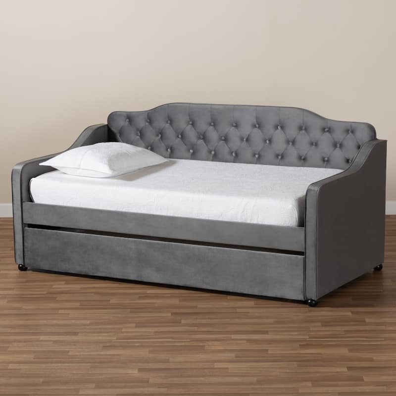Grey Upholstered Twin Daybed with Trundle, Pleated Textured Fabric and Sleek Design for Modern Guestroom Use