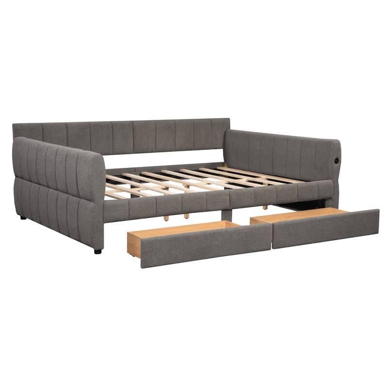Queen Size Upholstered Platform Bed with USB and 2 Storage Drawers, Low Profile Bed Frame with Wood Slatted Support