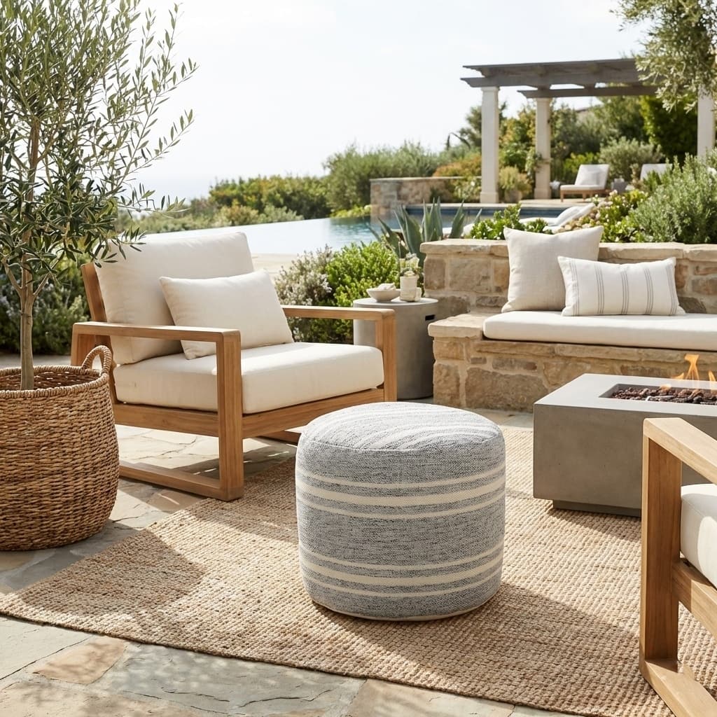 Sevita Farmhouse Triple Stripe Indoor Outdoor Pouf - 18" x 18" x 14"