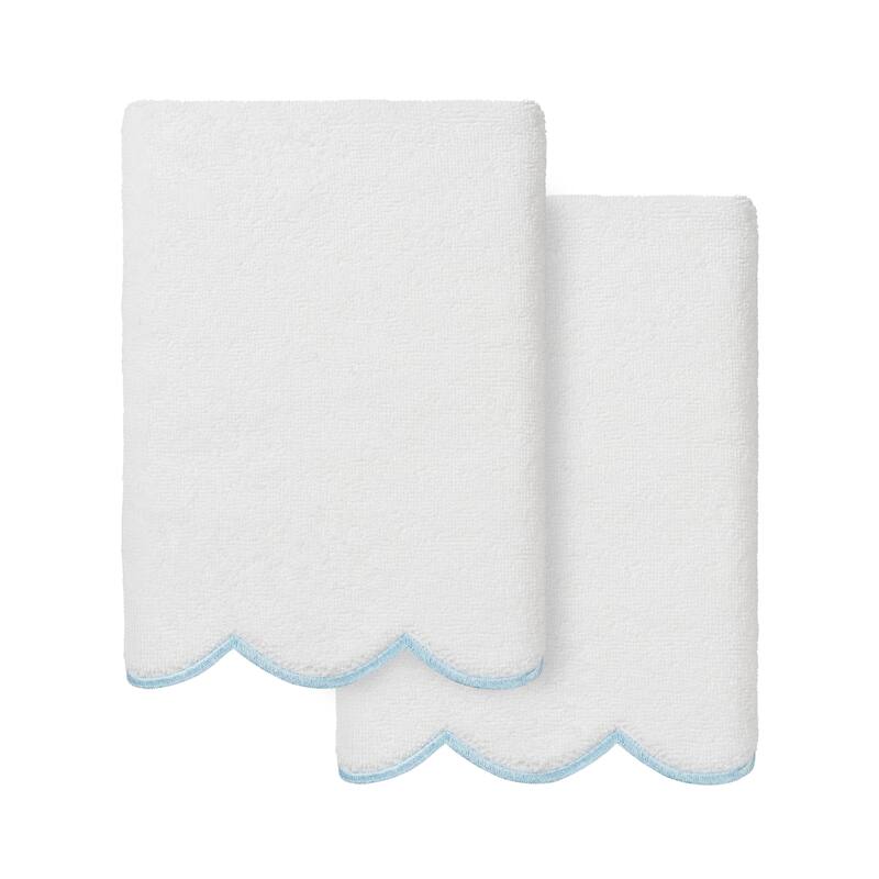 Authentic Hotel and Spa 100% Turkish Cotton ADORNIA Scallop 2PC Hand Towel Set - 2 Hand Towels - White/Blue