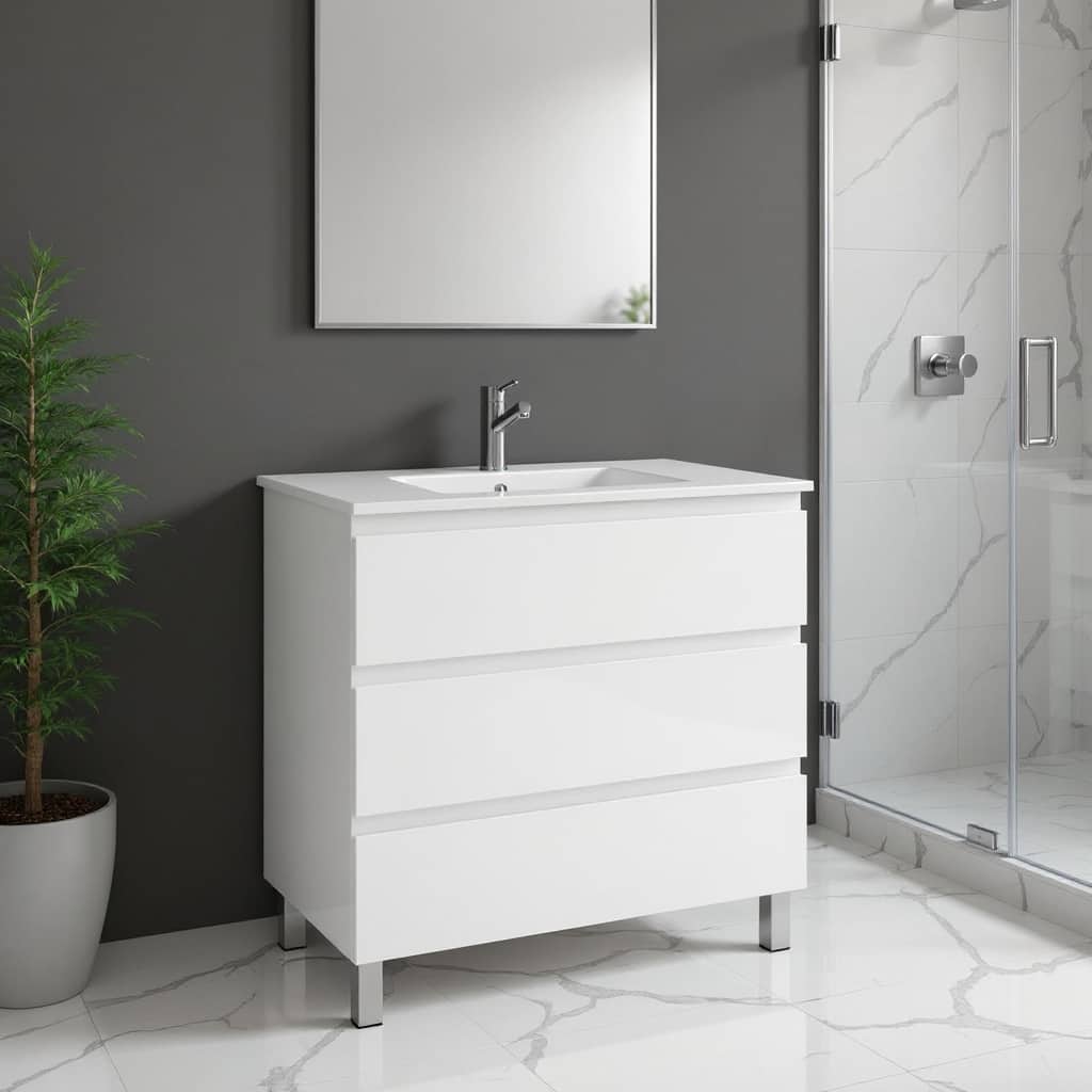 HomeRoots 32" White Wood Freestanding Bathroom Vanity With White Sink And Three Drawers - 32.00 in. x 39.06 in. x 18.10 in.