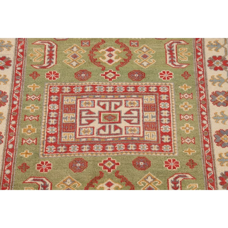 Light Green Geometric Kazak Accent Rug Handmade Wool Carpet - 3'4" x 4'7"