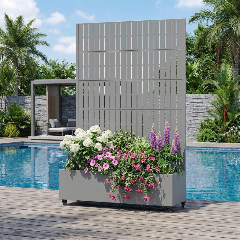 Raised Garden Bed Planter with Trellis Movable Planter Box with Lockable Wheels - 72*47 - Grey