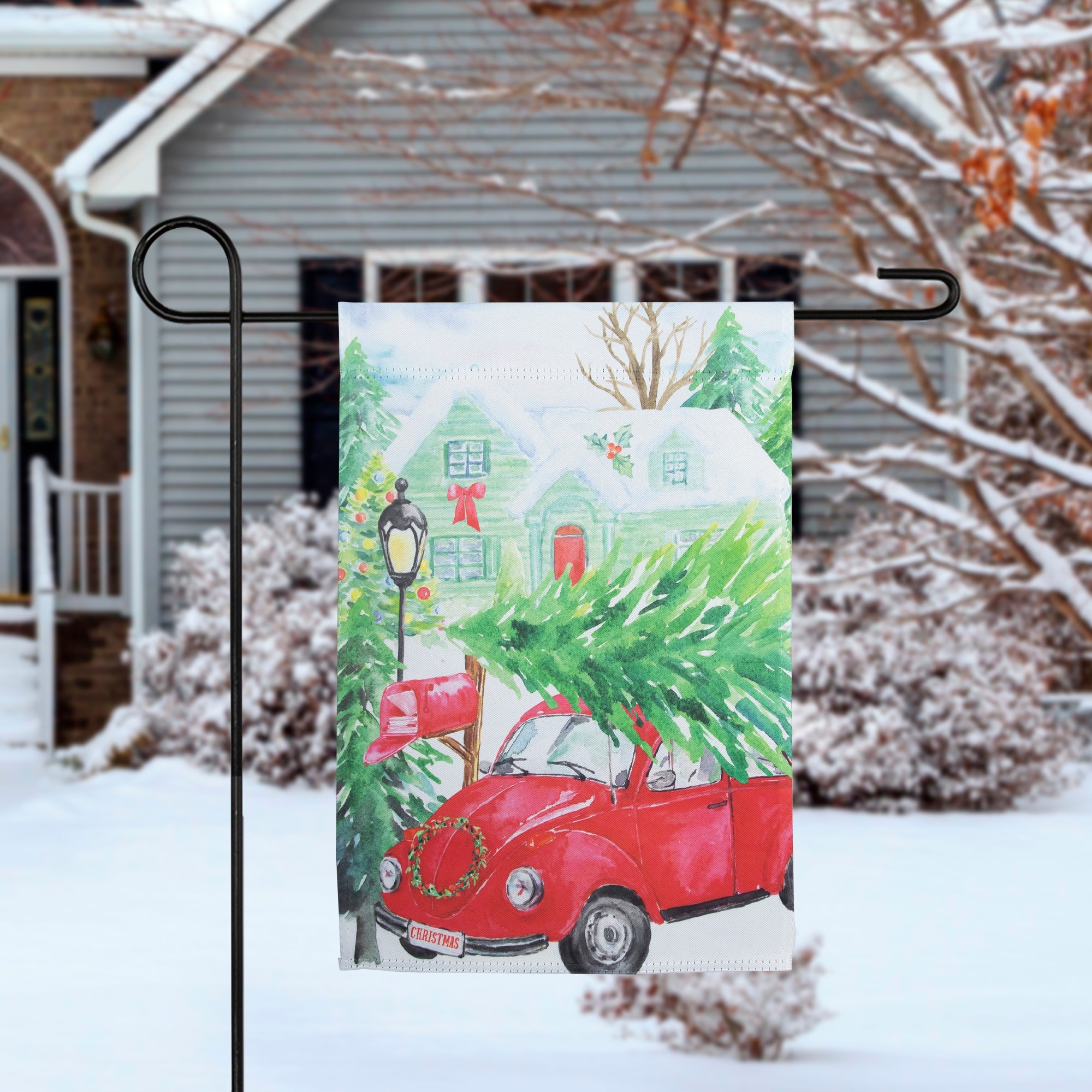 Red Car and Christmas Tree Outdoor Garden Flag 12.5" x 18"