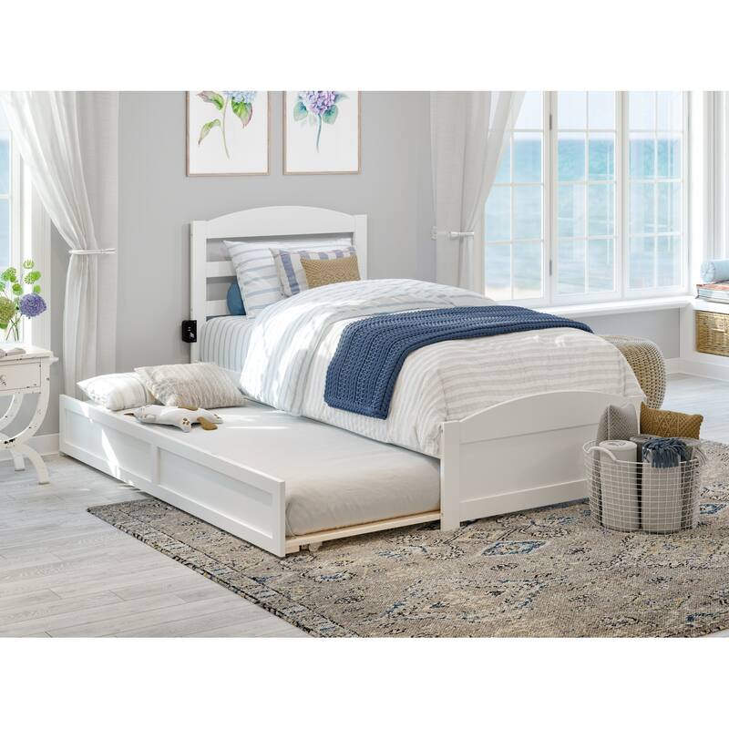 Twin XL Platform Bed with Trundle & Charging Station - Modern Wood Bed Frame - White Finish