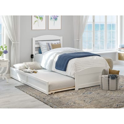 Twin XL Platform Bed with Trundle & Charging Station - Modern Wood Bed Frame - White Finish