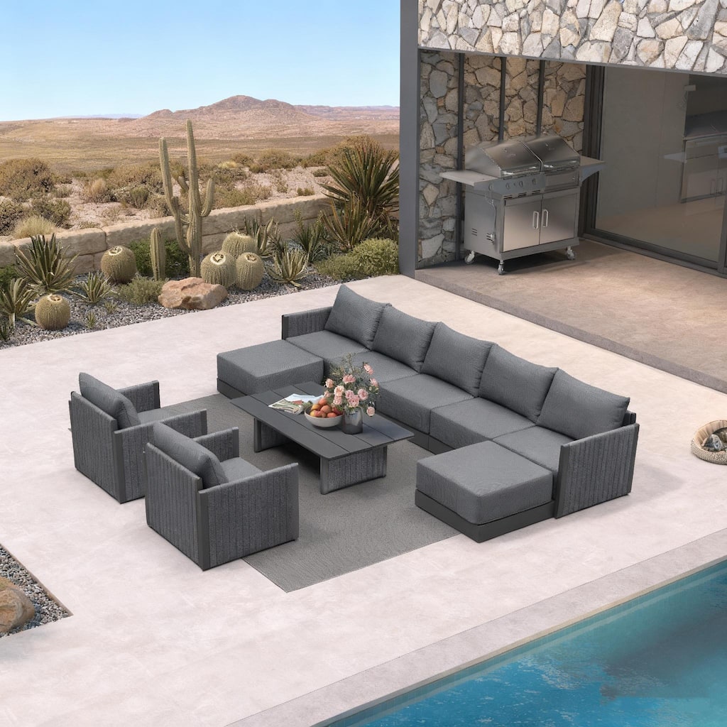PURPLE LEAF Sanori 4-10 Piece Patio Conversation Grey Set with Ottoman and Cushion Patio Sofas Sectional Set for Poolside Graden