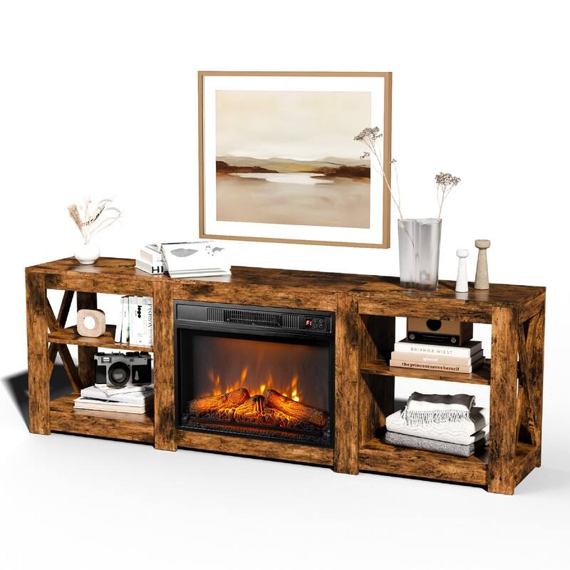 Farmhouse 70'' TV Stand For Tvs Up To 70'' With 23'' Electric Fireplace and Adjustable Shelves
