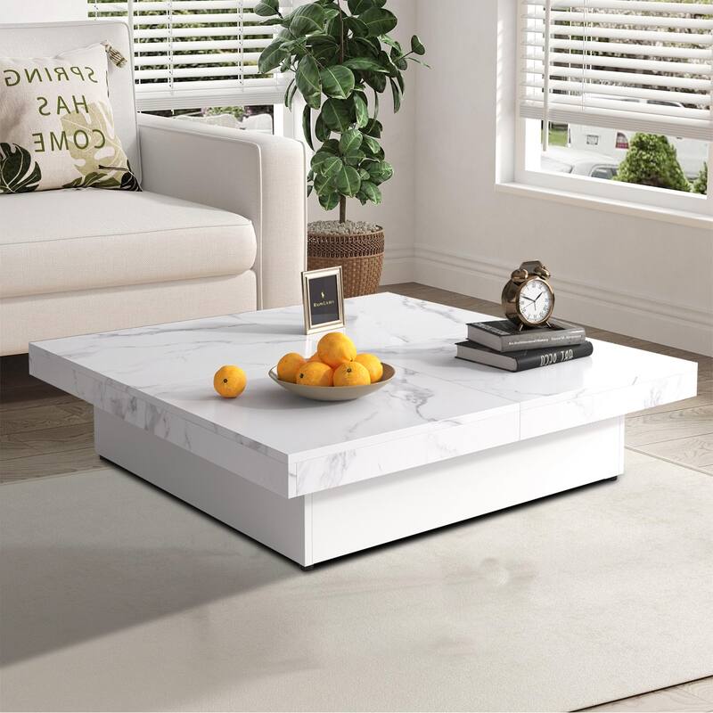 Wooden Square Coffee Table, with Four Storage Compartments Underneath Sliding Top - White